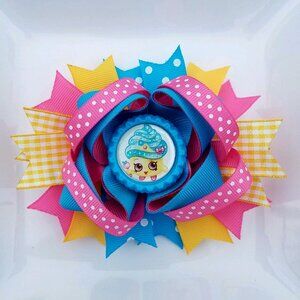 Cupcake Queen Pink Blue Yellow Bottle Cap Hair Bow 5"